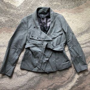 EUC H&M gray funnel neck belted pea coat sash 14